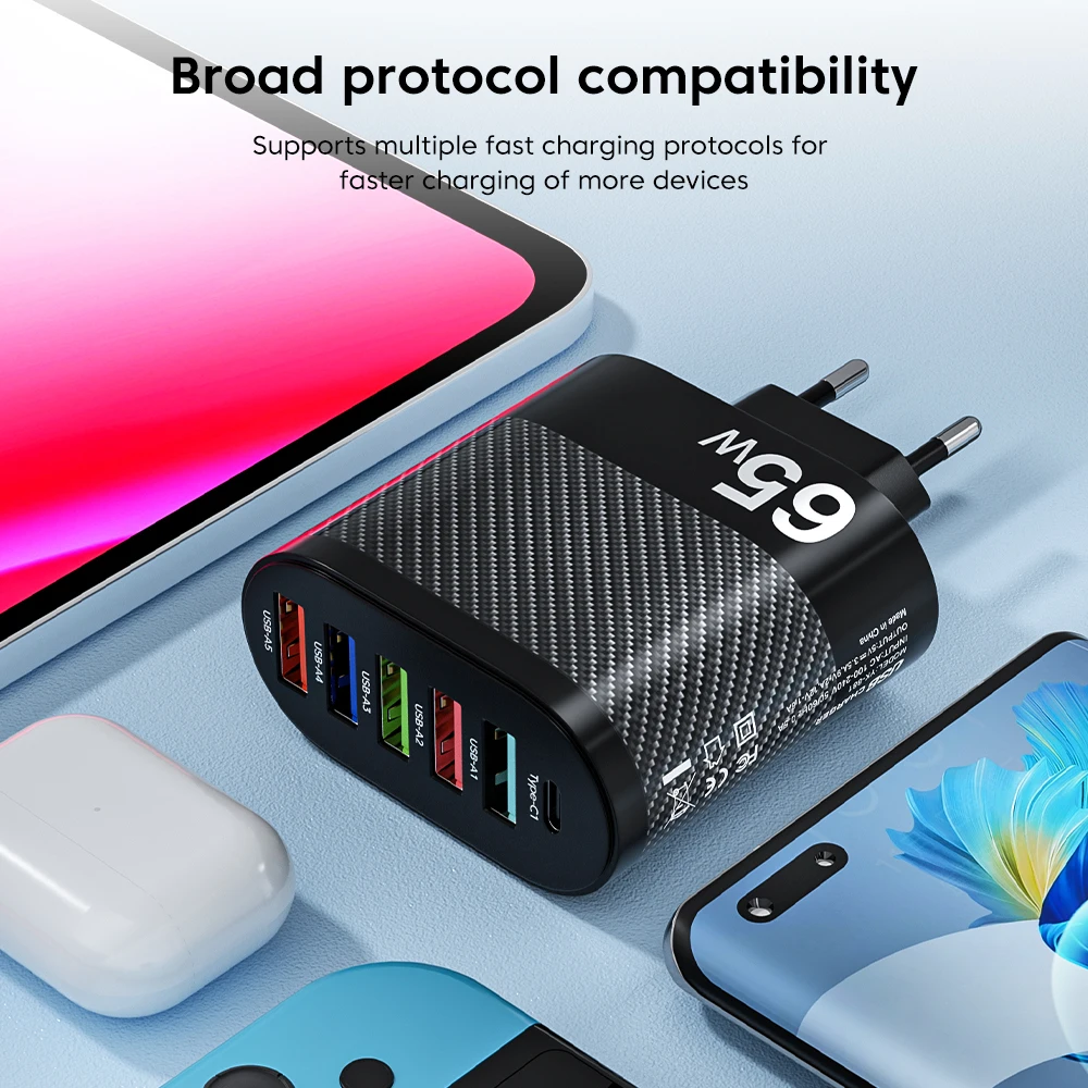 Olaf 65W 5Ports USB Charger PD Charging Adapter For Xiaomi iPhone 13 Samsung Mobile Phone Plug Charging QC 3.0 Wall Charger