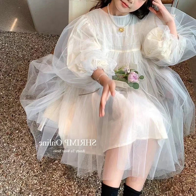 Girl Dress Kids Baby Party Birthday Evening Gown 2023 Beige Spring Autumn Cotton Performance Flower Girl Dress Children Clothin