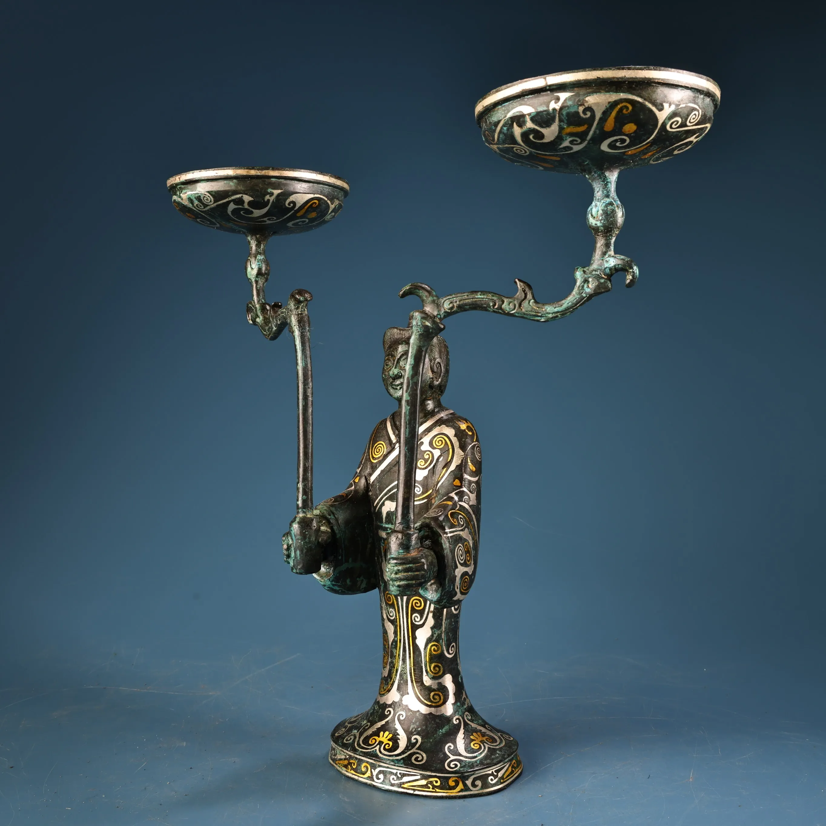 Old Bronze Gilded Silver verdigris Cinnabar Bronze Statue Maid statue Double Lotus Oil Lamp candlestick Worship Hall