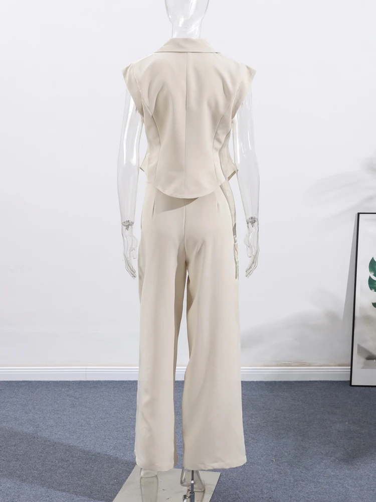 Setelan Celana Rompi Slim Fit Solid Kaus Kerah Wanita Atasan Lengan Pendek Satu Kancing Celana Panjang Longgar Pakaian Jalanan Harian Kasual Baru