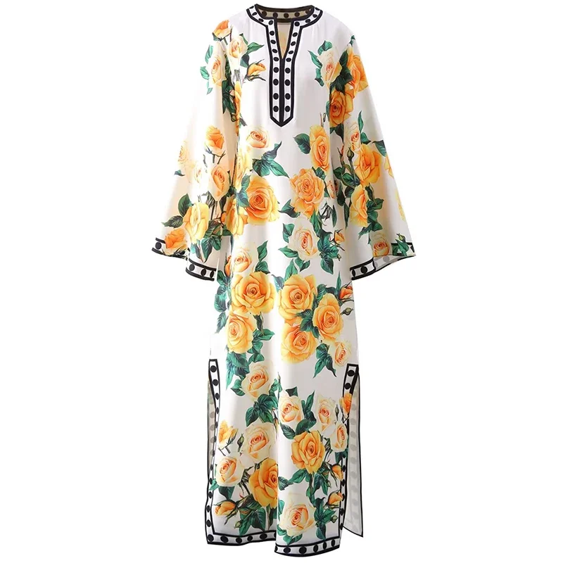 Robe Maxi à Manches Évasées et Col Rond pour Femme, Marque de Luxe, Rose, Imprimé Floral, Bohème, Été, 2024