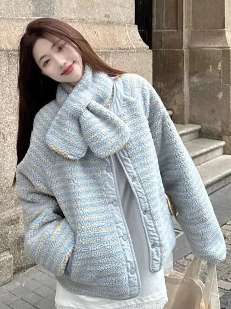 

Fashion All Match Warm Thicken Jackets Single Breasted Striped Pockets Two Sides Wear Quilted Coats 2025 Design Women's Clothing