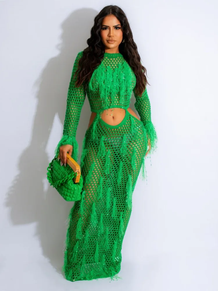 JRRY Sexy Women Crocheted Dresses Tassels Crochet Dress Cover Ups Hollow Out Knitted Beach Swimsuits