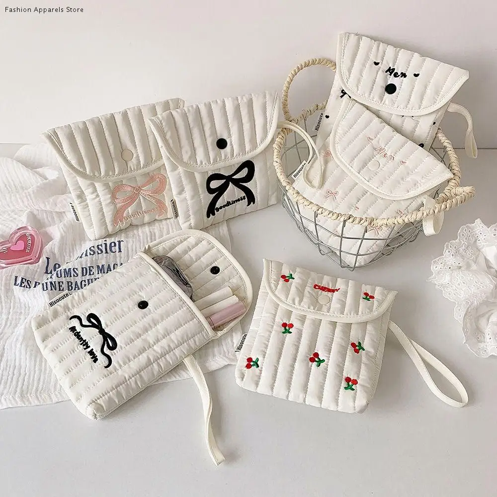 

Large Capacity Embroidery Cherry Cosmetic Bag Menstruation Towel Storage Cotton Cloth Bow Makeup Bag Bowknot Small Item Bag