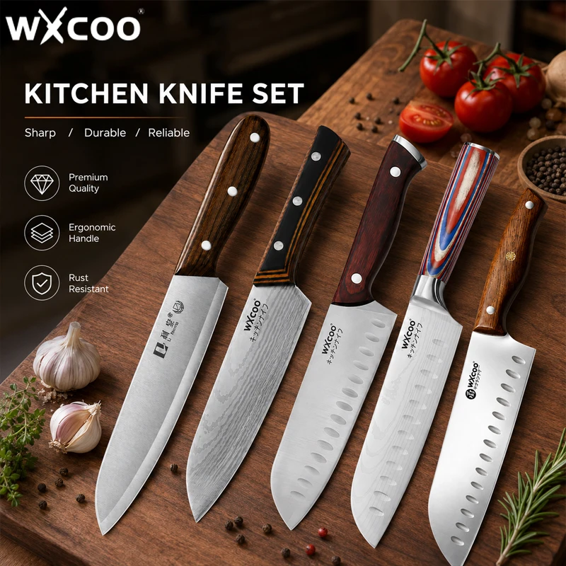 WXCOO Stainless Steel Japanese Knife Set Professional Kitchen Santoku Knife with Wooden Handle Fruit Cutter Vegetable Knife