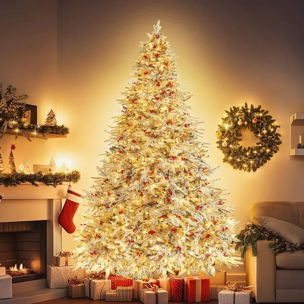 

9FT Pre-lit Snow Flocked Christmas Tree, with 900 Warm White Lights, 100 Red Berries, Perfect Holiday Decor,Artificial Xmas Tree