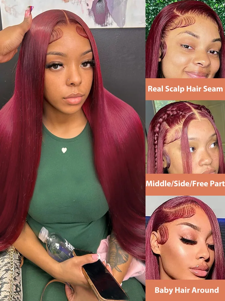 30 34 Inch 99J Burgundy Colored 13x4 Lace Front Wig Bone Straight 5x5 Closure Glueless 13x6 HD Red Lace Frontal Human Hair Wigs