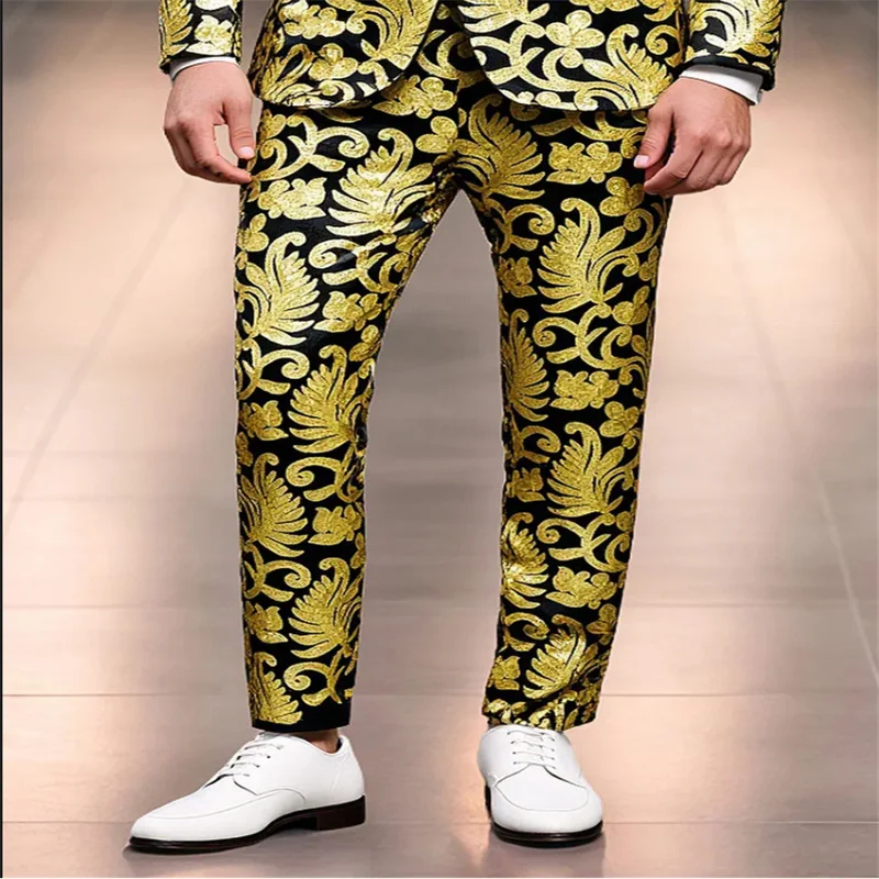 

Мужские черные бархатные брюки с пайетками, золотые/синие/фиолетовые, для свадьбы, бала, вечеринки, бара, KTV, роскошные брюки с цветочным узором