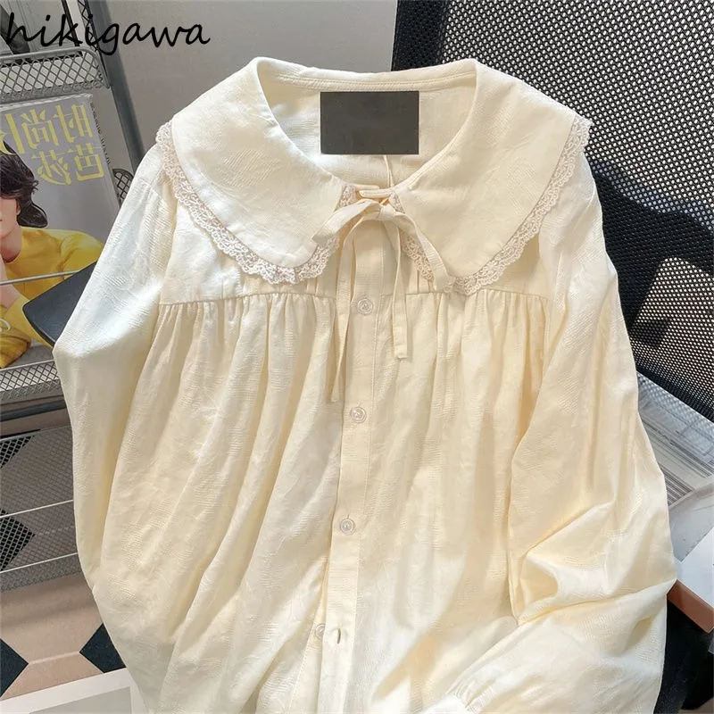 Japanese Loose Blouses for Women Peter Pan Collar Long Sleeve Shirts 2024 Blusas Mujer De Moda Fashion Lace Sweet Blouse Tops