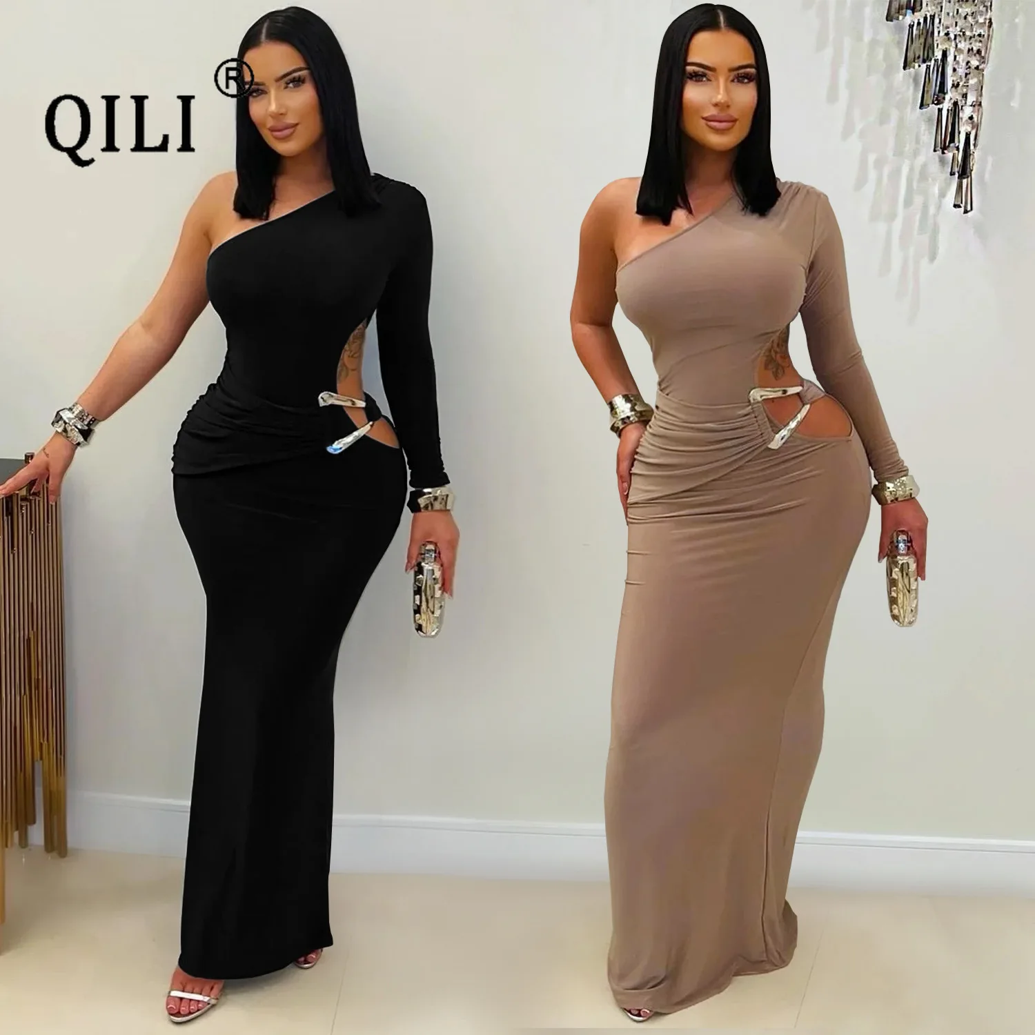 فستان QILI بكتف واحد وأكمام طويلة للنساء، فساتين سيدة سوداء مثيرة