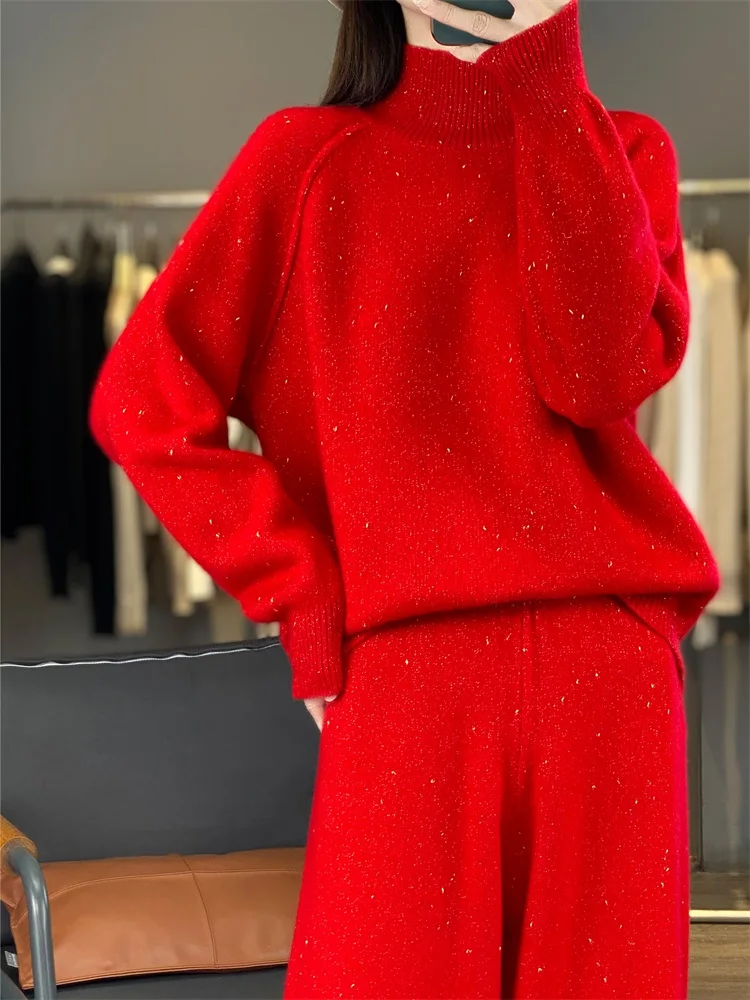 Women's Matching Set 100% Merino Wool High Neck Sweater Casual Knitted Pants 2-Piece Set Fashionable Women's Clothing