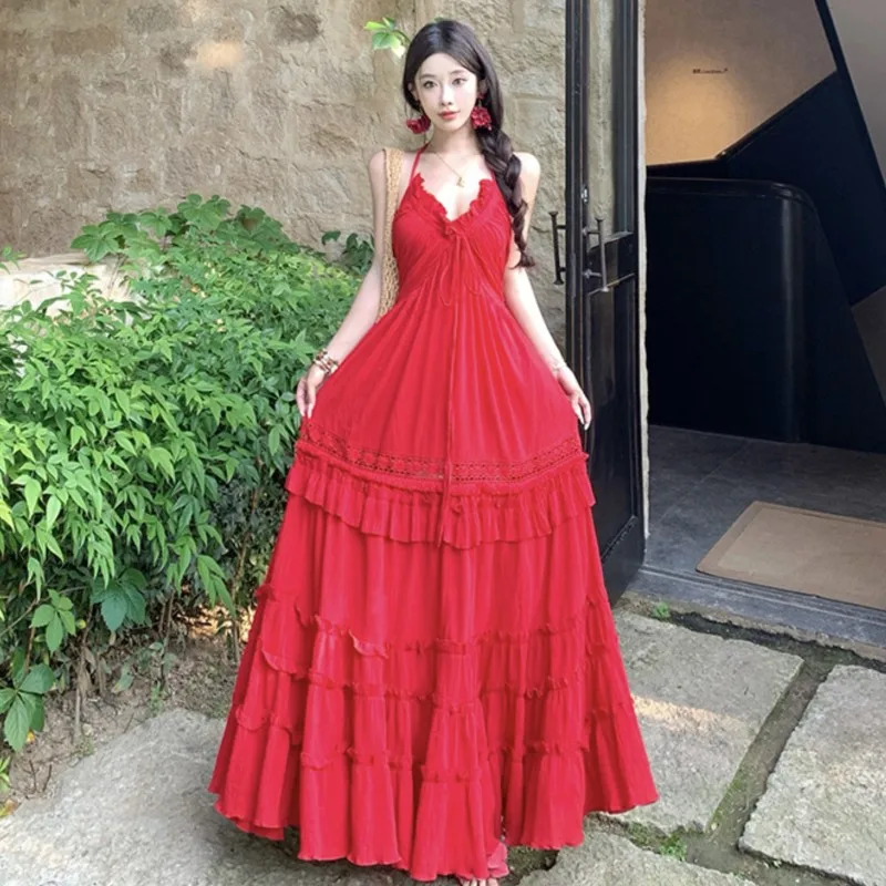 2025 French Retro Red Long Dress V-neck Halter Dress Women Summer Sexy Backless Cake Dresses Casual Boho Beach Holiday Dress