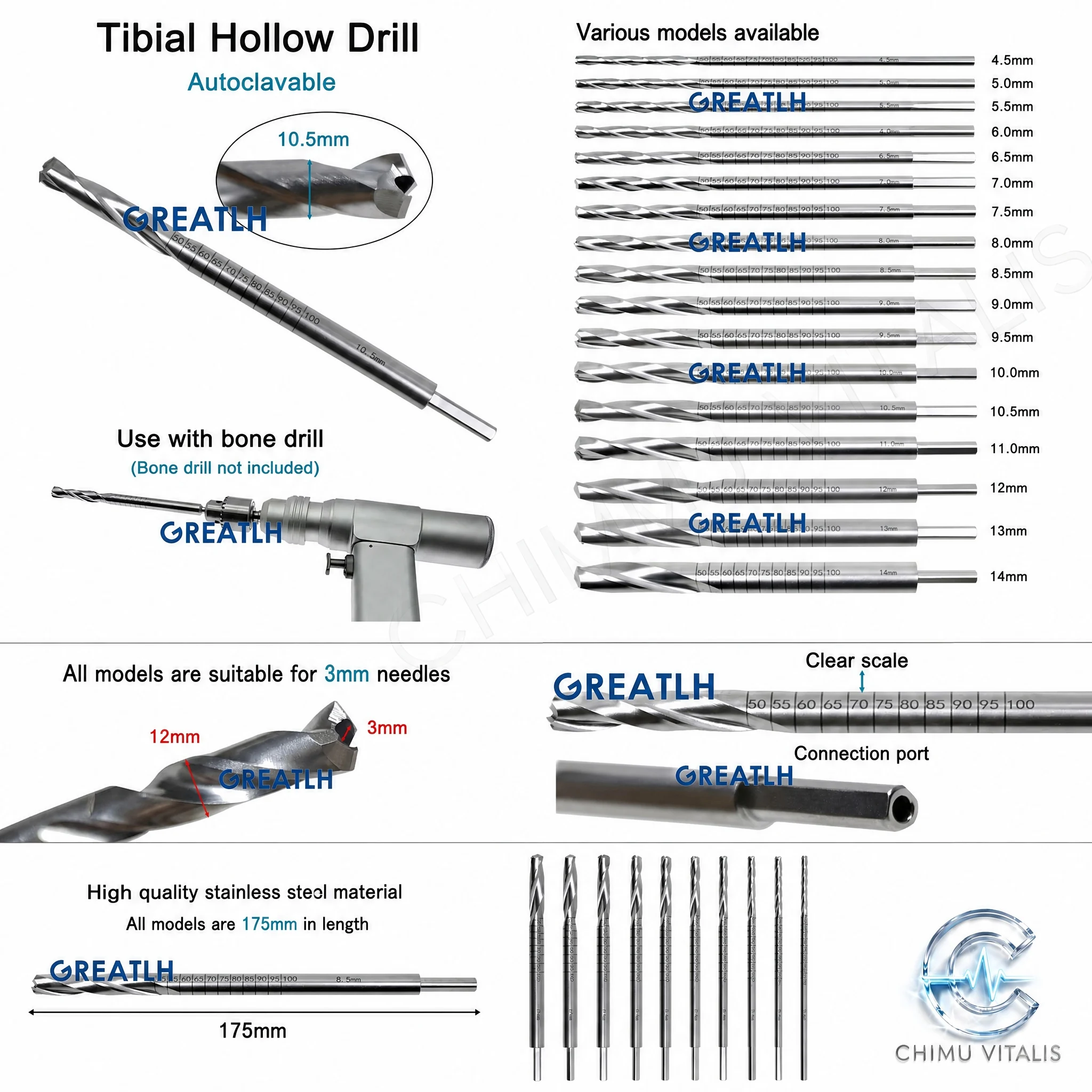 【CHIMU VITALIS 】 Stainless Steel Cannulated Hollow Drill Bit for Tibia Instrument