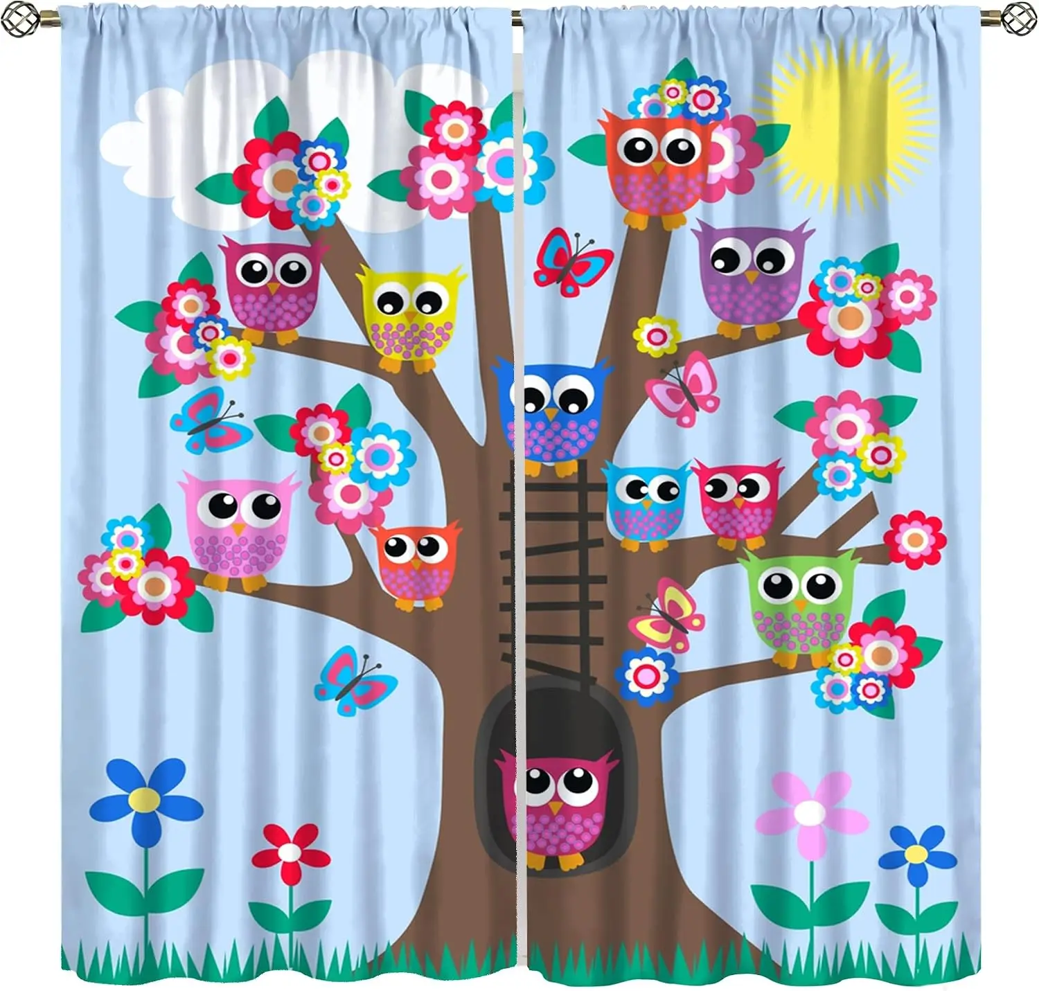 Cartoon Owl Tree Blackout Curtain Multicolor Bird Floral Butterfly Sunny Sky Rod Pocket Window Panels Rustic Toddler Room Wall
