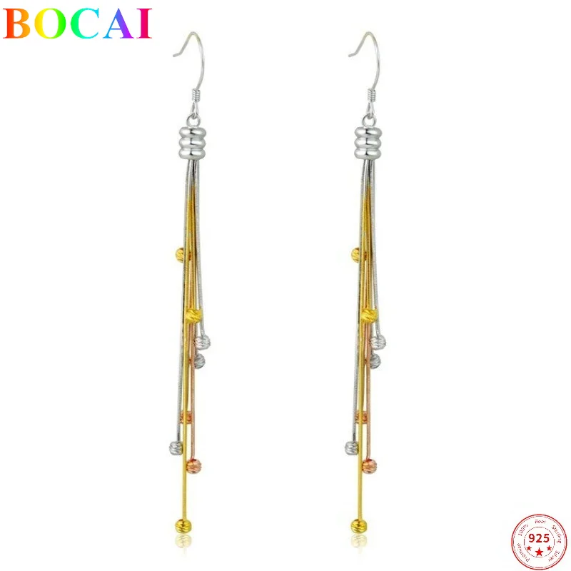 BOCAI Real Sterling Silver S925 Ear Drop Women's Color Thai Silver Long Tassel Earrings Pure Argentum Jewelry Valentine's Gift