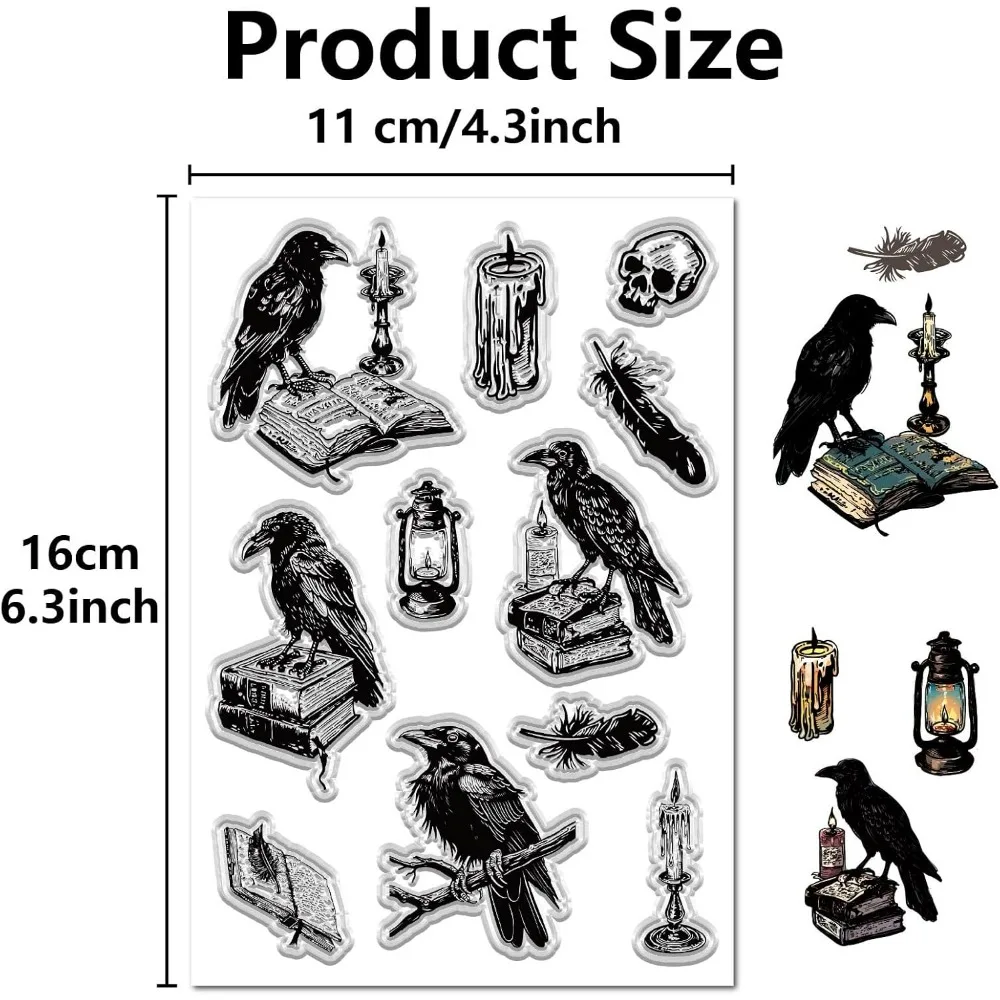 2 Sheets Raven Stamp Rubber Crow Light Oil Lamp Book Pattern Retro Skull Clear Decorative Silicone Seal Stamps for Card