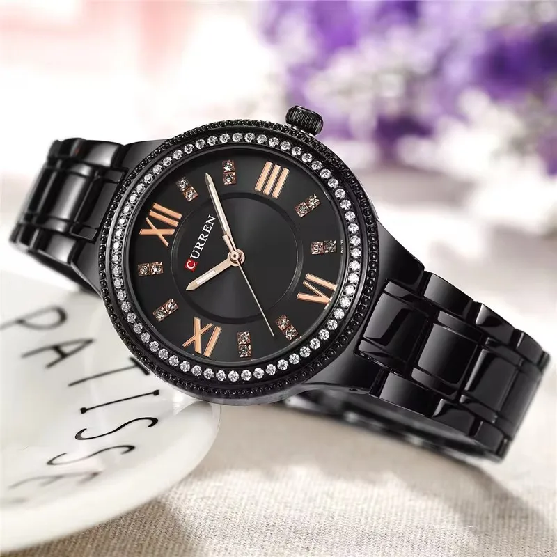 CURREN 9004 Quartz Watch Ladies' Diamond-Encrusted Quartz Watch, Waterproof Roman Numeral Women's Wristwatch