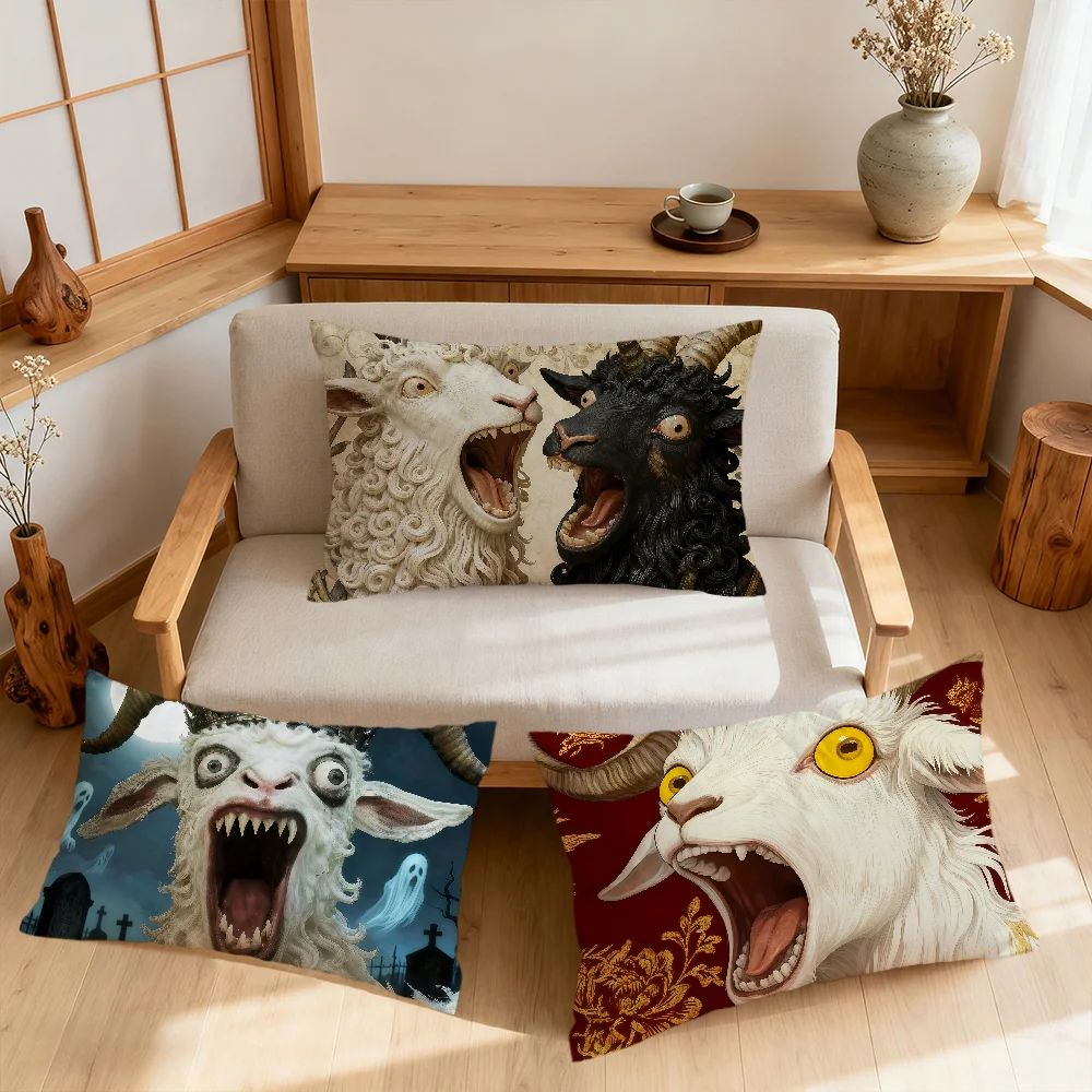 Spooky Goat Face art 2D Alternative Gothic Rectangle Pillow Cover Home Sofa living Room bedside Dorm Coffee Shop Pillowcase gift