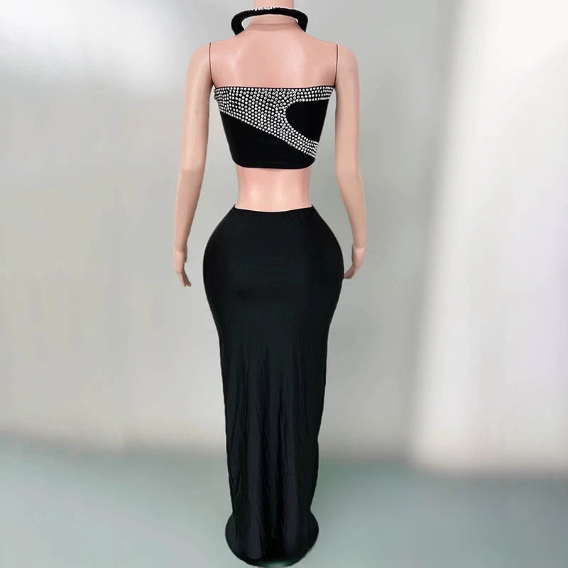 Ekskluzywny czarny strój sceniczny dwuczęściowy z diamentami w kształcie węża dla piosenkarki, elegancka sukienka na roczne spotkanie.