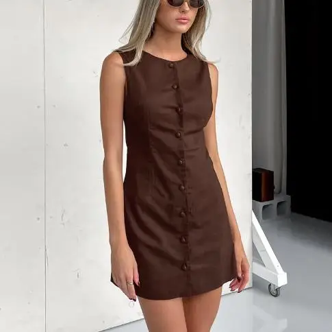 

Womens Dresses 2025 Spring Summer New Solid Color Sleeveless Vest Skirt Elegant Temperament Round Neck Slim Fit A-Line Dress
