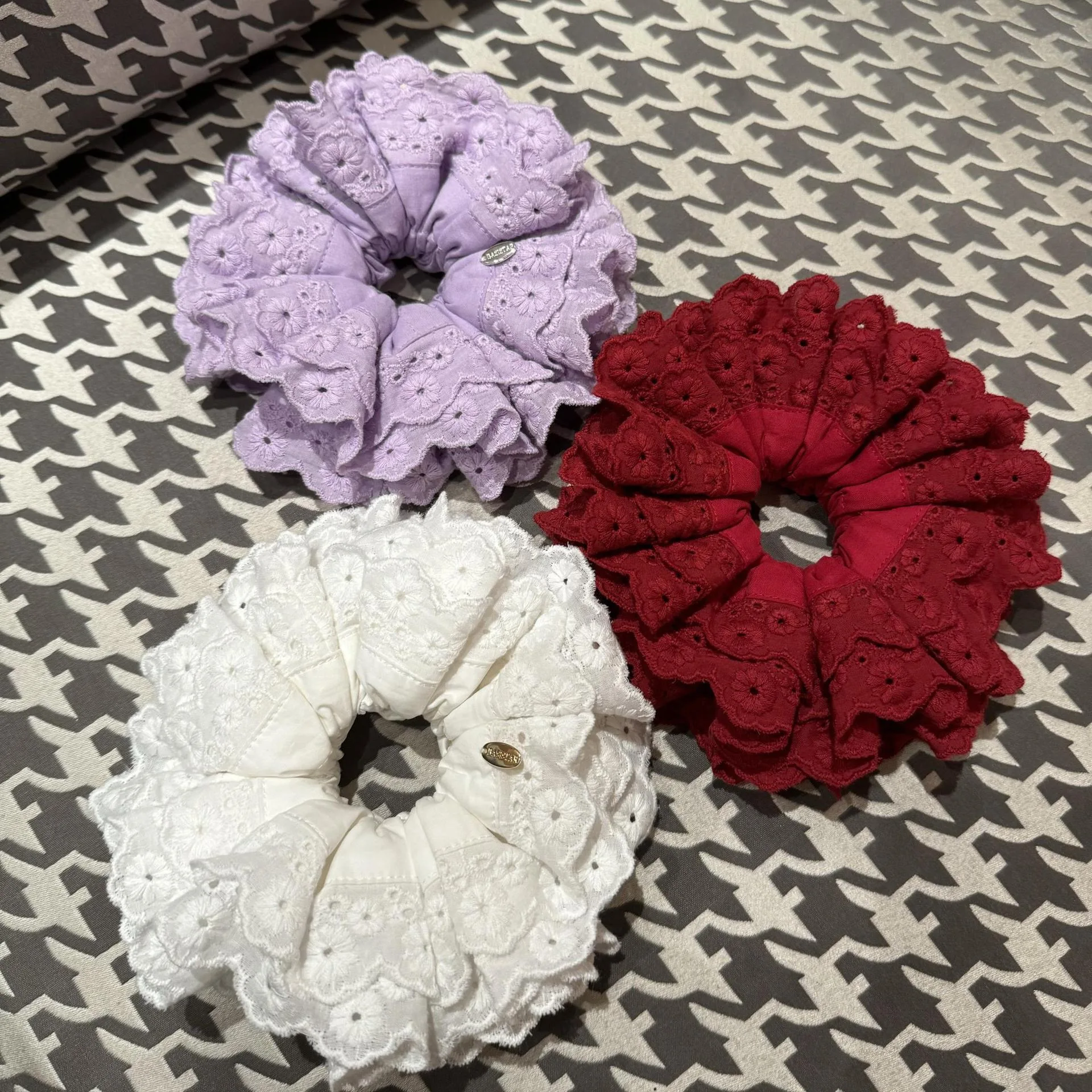 2024 New Four-layer Lace Fold Red White Color Hair Rope Korean Elastic Hair Accessories Ponytail Headwear Hair Scrunchies