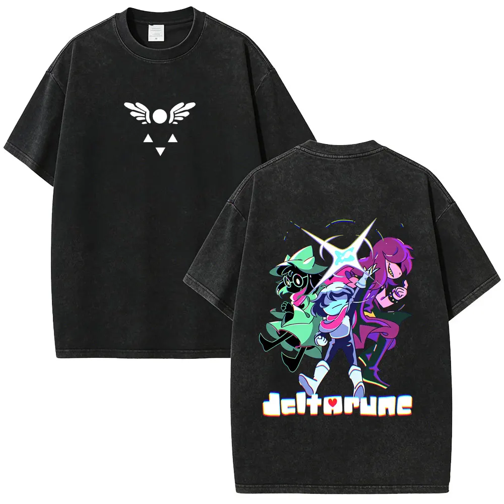 Washed Vintage Game Deltarune Ralsei Susie Kris Double Sided Print T-shirt Men's Casual Humor T-shirts Unisex Oversized T Shirt