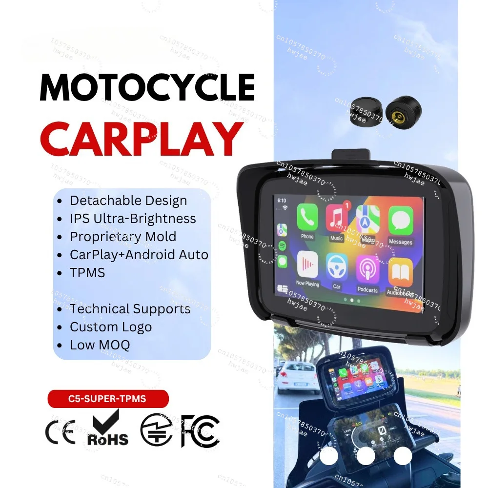 5 inch motorcycle navigator with tire pressure monitoring wireless carplay high definition waterproof touch screen car display