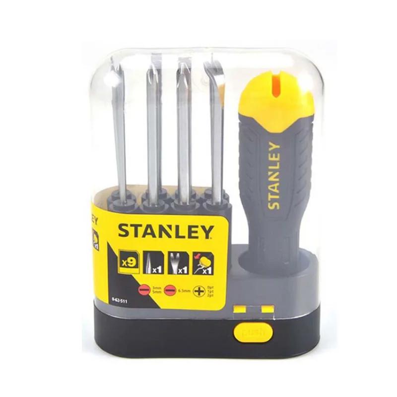 Stanley 9 way screwdriver slotted phillips awl tack puller lifter remover combination driver set handle with groove for hooks