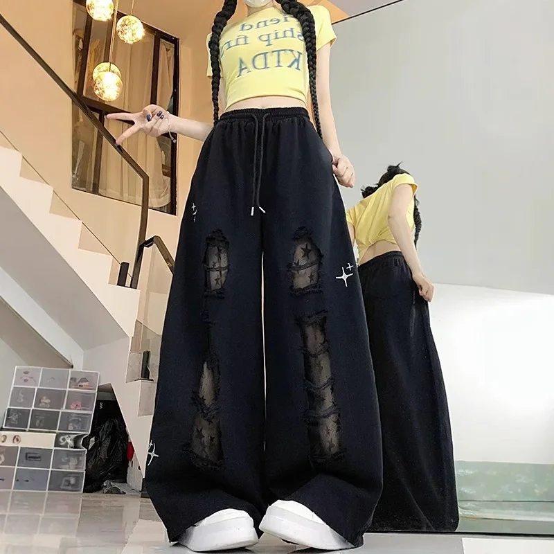 Women's 2026 New High Waist Drawstring Ripped Mesh Pants Star Print Wide Leg Casual Streetwear Hip Hop Jazz Dance Trousers