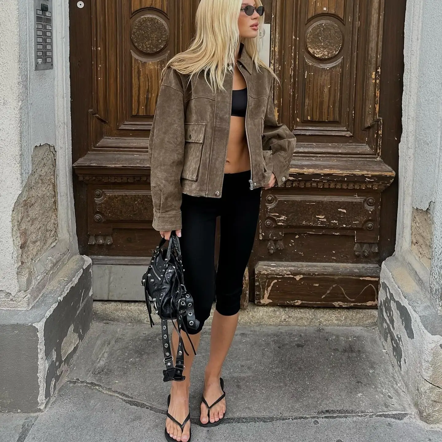 معطف شتوي نسائي من Retro Sle طويل من جلد الغزال السويدي مع سحاب إغلاق بطول ort رفيع عادي