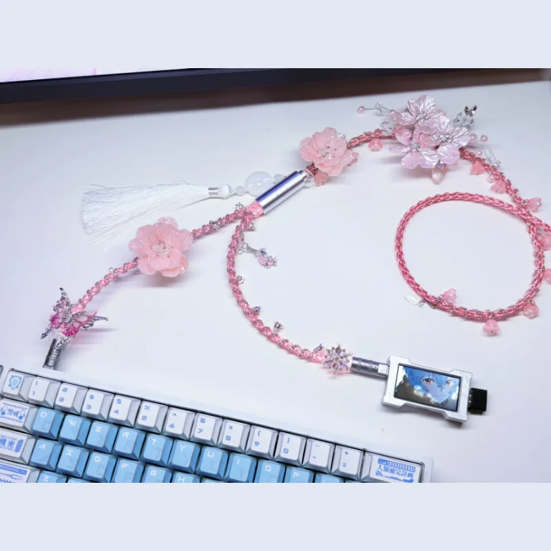 Echo Pink 8K Aviation Plug Cable Custom Handmade One-to-Two Single Crystal Copper Glowing 1.3m Keyboard Cable Accessories DIY