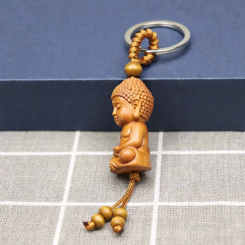 for Safely Wealth Bag Pendant Engraving Wood Carving Craft Guanyin Buddha Keychain Keyfob Key Ring Car Accessories