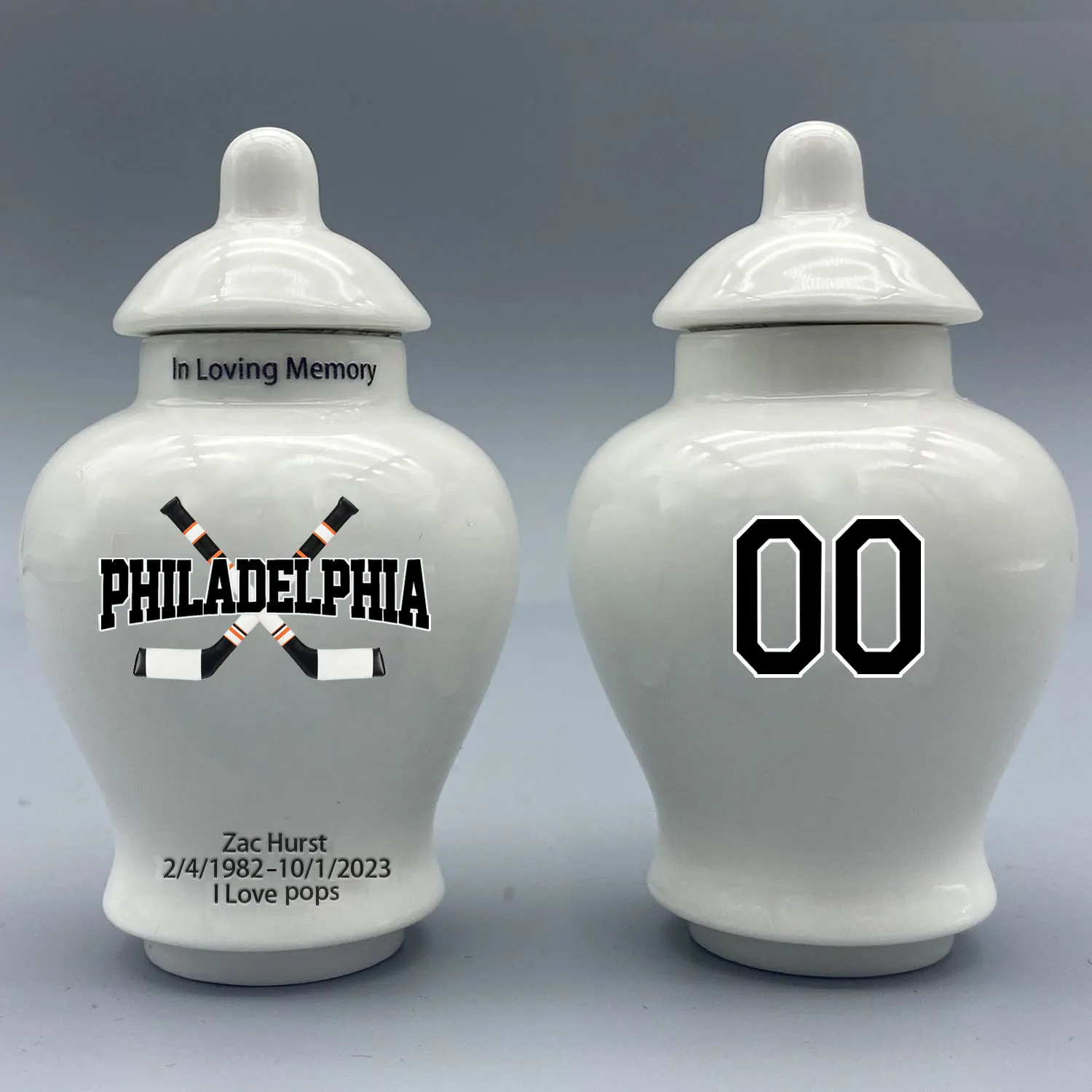 

Mini Urn for Philadelphia Flyer-themed Hockey Urn.Please send me the customization information - name/date and number on the urn