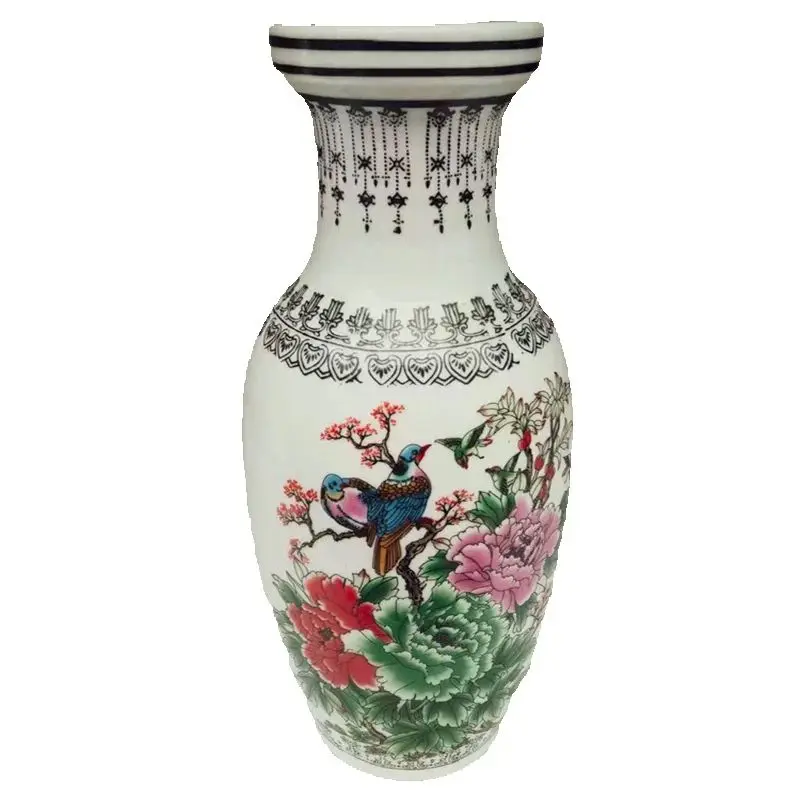 Traditional Chinese Old Porcelain Vase Pastel Peony Flower Bird Pattern Decorative Collectible Artware