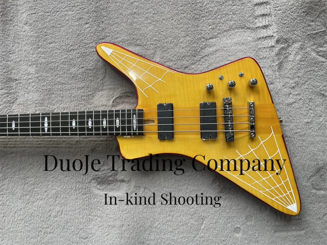 Yellow bass 4-string electric bass maple neck through basswood body Flamed maple top with spider web pattern chrome hardware