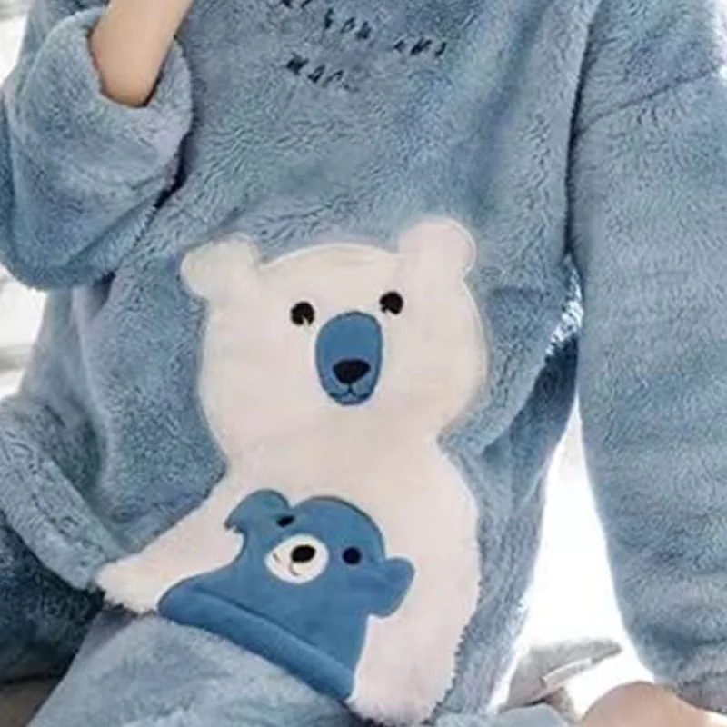 Thickened Warm Flannel Autumn Winter Plus Size Pajamas 2xl Long-Sleeved Suit Blue Cartoon Bear Homewear School Loungewear