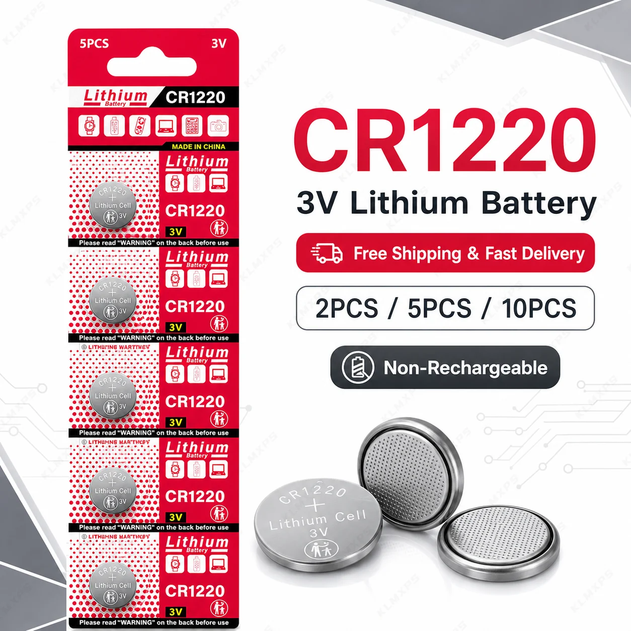 

3V CR1220 Lithium Battery BR1220 LM1220 KCR1220 Universal Coin Button Cell for Car Key Watch Scale Calculator Toy Electronics