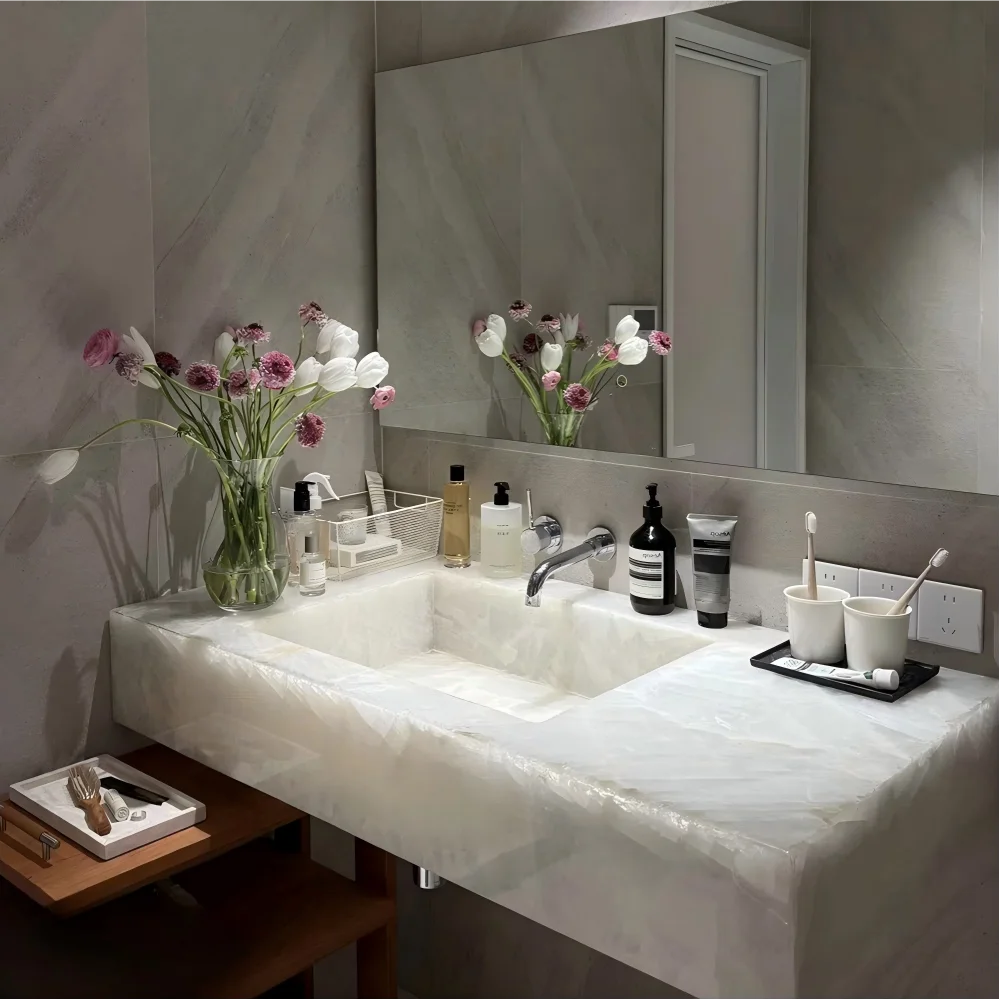Jade Stone Undermount Basin, Luxury Stone Vanity for Hotel & Villa, Heat & Scratch Resistant, Antibacterial, Customizable