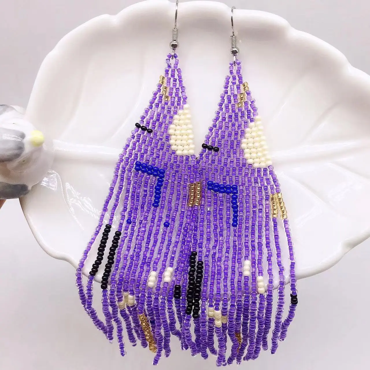 ZGMXR Rice Bead Earrings  Hand weaving  Beaded  Exaggeration  Pearl rice  Retro  Bohemia  geometry alloy  ma'am Tassel Earrings