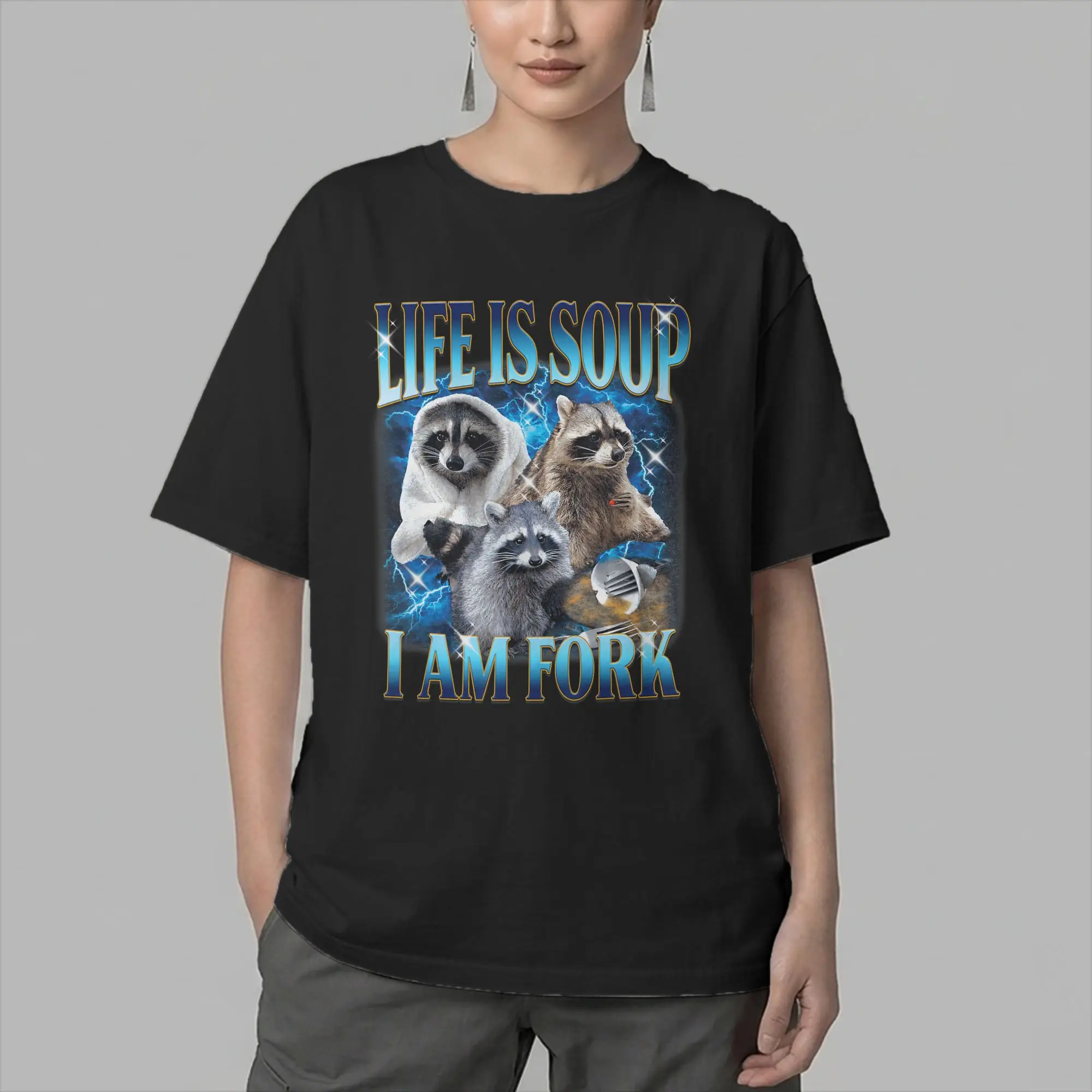 Funny Raccoon Life is Soup I Am Fork Absurd Meme T-Shirts for Men  Cool Pure Cotton Tees O Neck Short Sleeve T Shirt Clothing