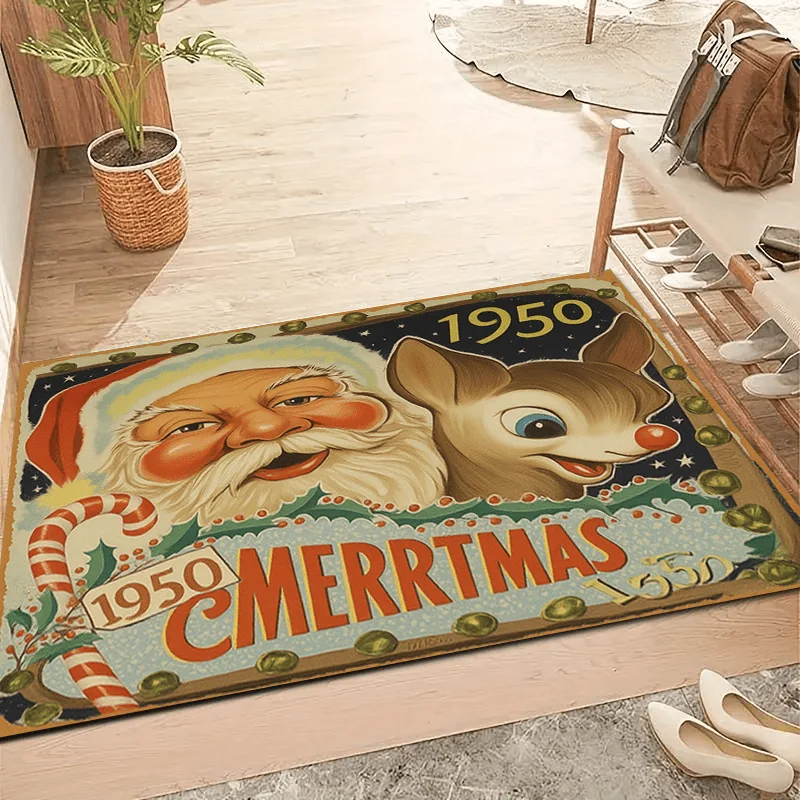 1pc Vintage 1950s Santa & Reindeer Christmas Postcard Welcome Doormat, Soft Absorbent Non‑Slip Washable Quick‑Dry Floor Mat