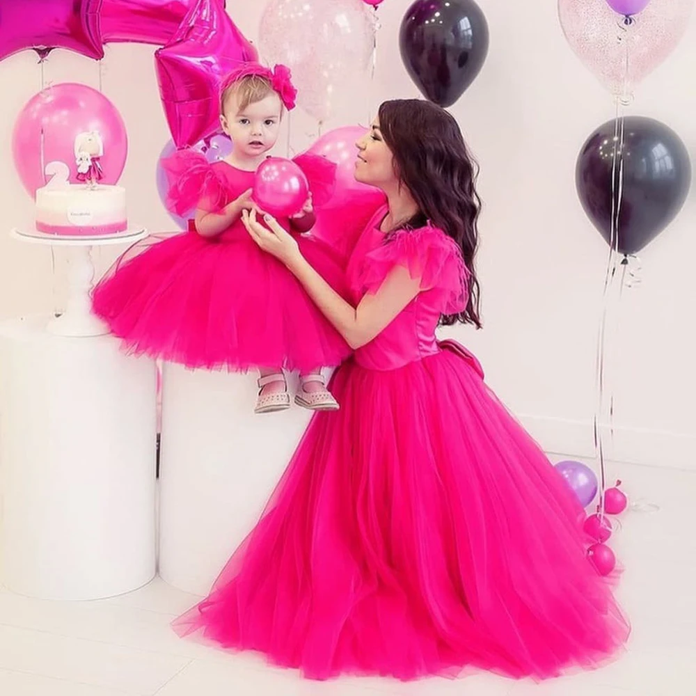 Fuchsia Mother And Kids Tulle Dress With Ruffles Cap Sleeves A Line Mom And Me Birthday Dress Martching Gowns For Photo Shoot