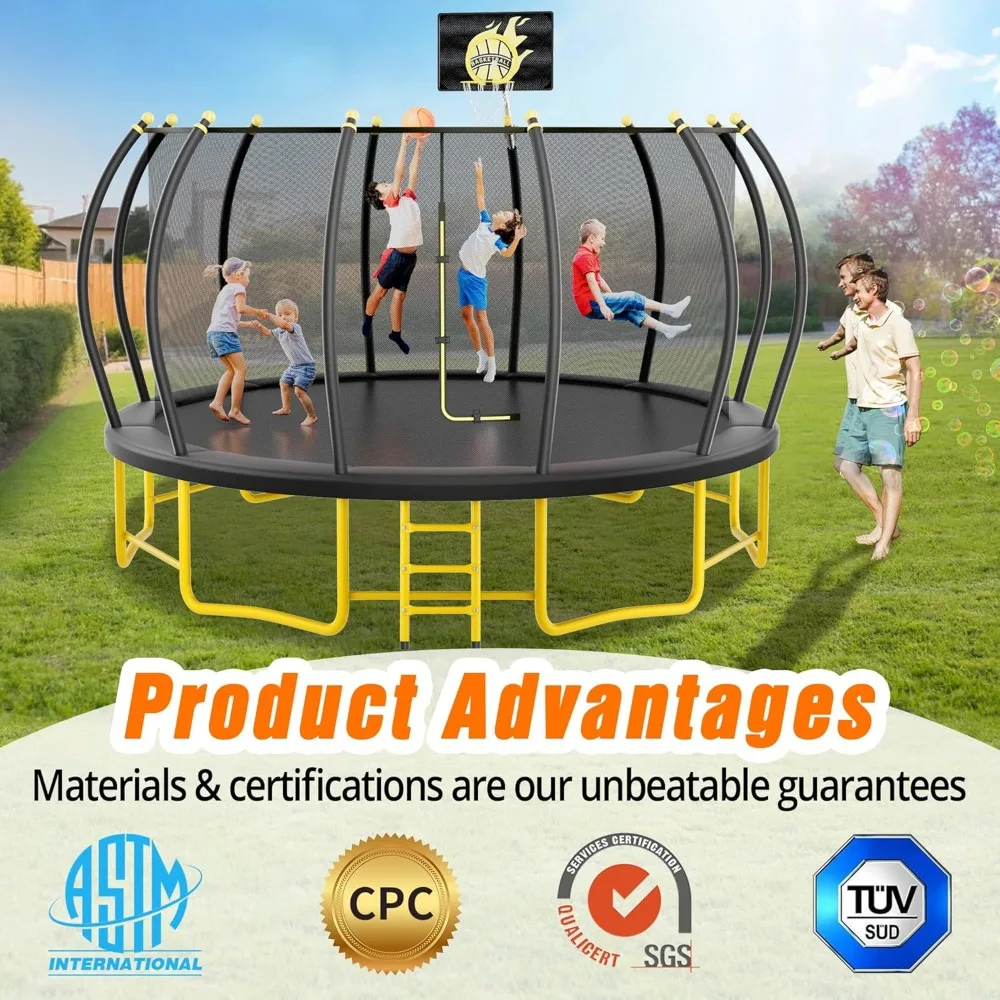 16FT Pumpkin Trampoline with Basketball Hoop, Recreational Trampoline with Balance Bar, Enclosure Net and Galvanized Steel Frame image 3