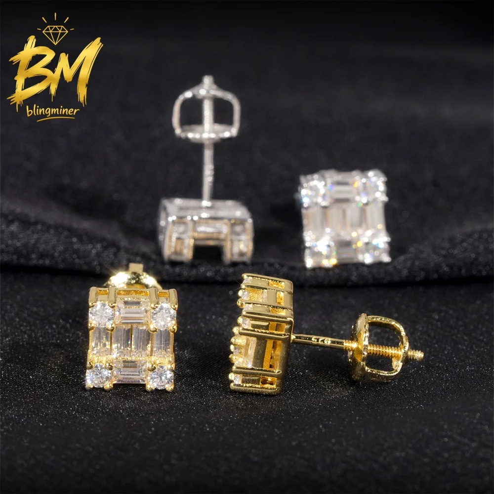 Blingminer 7.6MM Baguette VVS Moissanite Earrings For Men Women S925 Silver Ear Studs Jewelry Pass Diamonds Tester GRA Free Ship