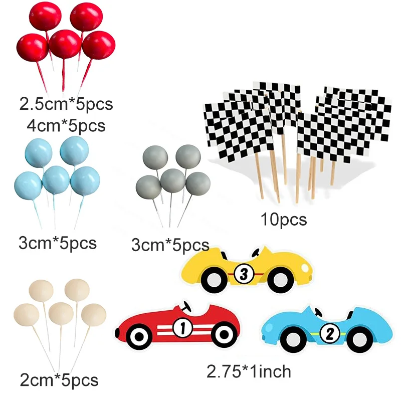 1set Racing Cake Topper  Race Car Red Blue Balls Birthday Cake Decor for Baby Shower FAST ONE Birthday Party Cupcake Supplies