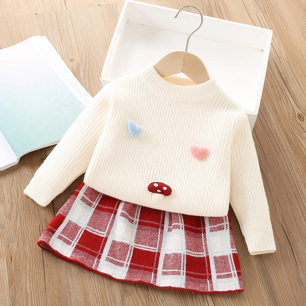 Girls' sweater set autumn  winter new Korean version of foreign style solid color cute little mushroom decoration knitting set