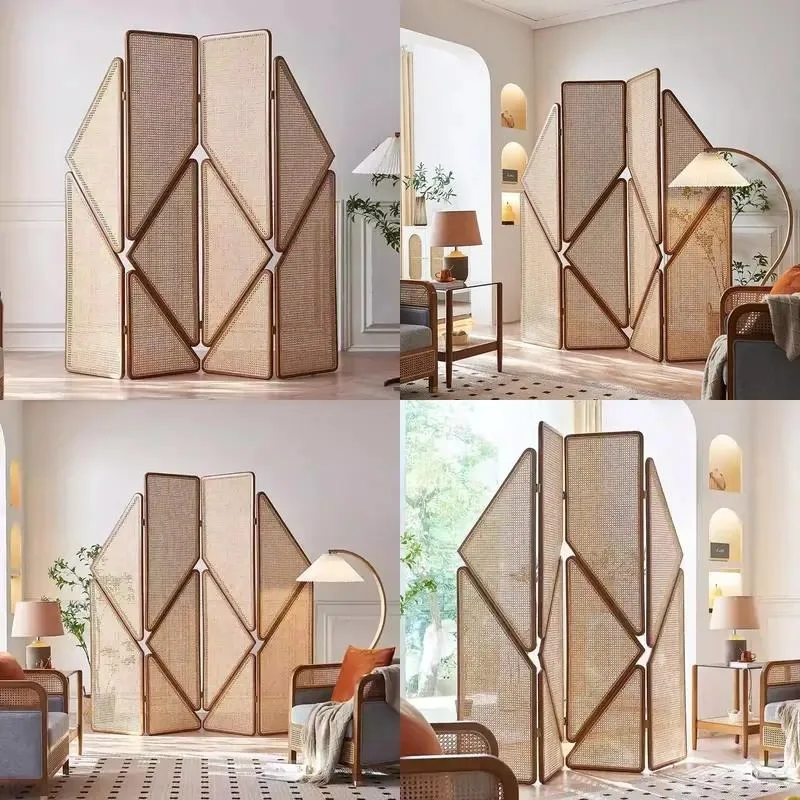 Nordic style solid wood rattan screen creative movable folding partition wall suitable for retro living room and kitchen