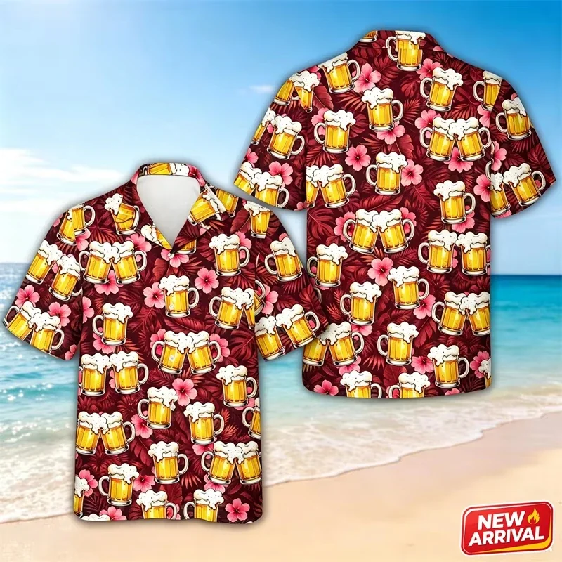 Funny Beer Pattern Hawaiian Shirt For Men Summer Street Lapel Short Sleeve Top 3d Printed Flower Graphic Trend Button Shirts