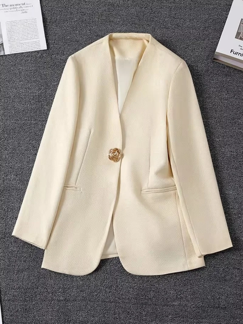 Apricot Professional Suit Jacket For Women 2025 Spring And Autumn New Style High-End Versatile Blazer Office Top   w1195