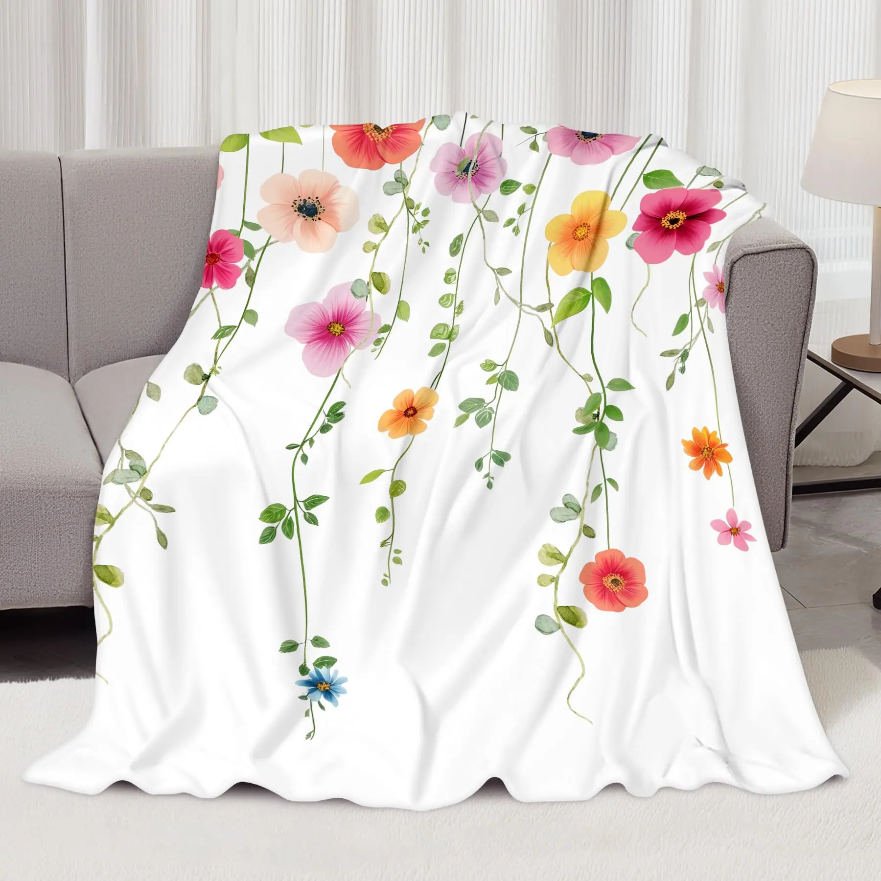 Spring Wildflowers Fleece Throw Blanket, Bees Pink Floral Decorative Couch Blanket for Sofa Bed Living Room Bedroom Travel